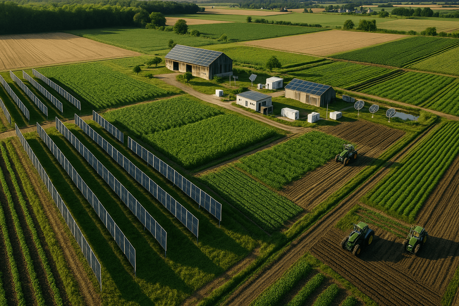 Modern farm with Agri-PV panels and electric tractor